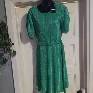 DKNY Emerald Green Pleated Midi Dress with Self-Tie Belt